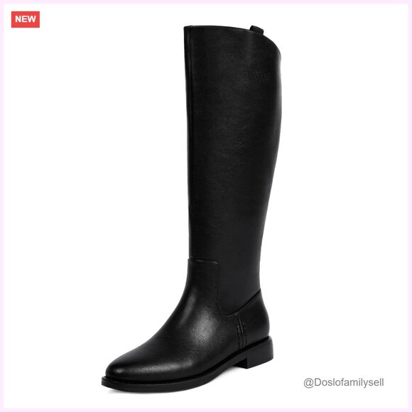 Knee High Riding Boots Women Flat Heel Faux Leather Round Toe Side Zipper